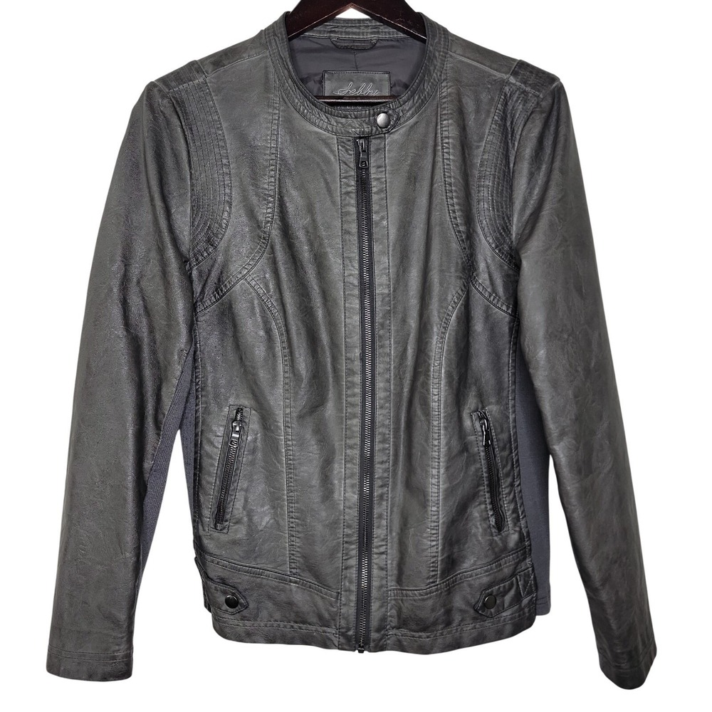Sebby Collection Faux Leather Moto Jacket Women's L Gray Biker Vegan Zip